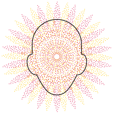 outline of a human head imposed with a pointillist flower